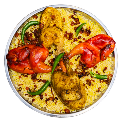 Your choice of 4 Chicken Meals (Mandi, Madhbi, Shawaya, or Madfoon) with a family-sized Pepsi | اختيارك اربع وجبات دجاج (مندي مظبي مدفون) مع بيبسي عائلي
